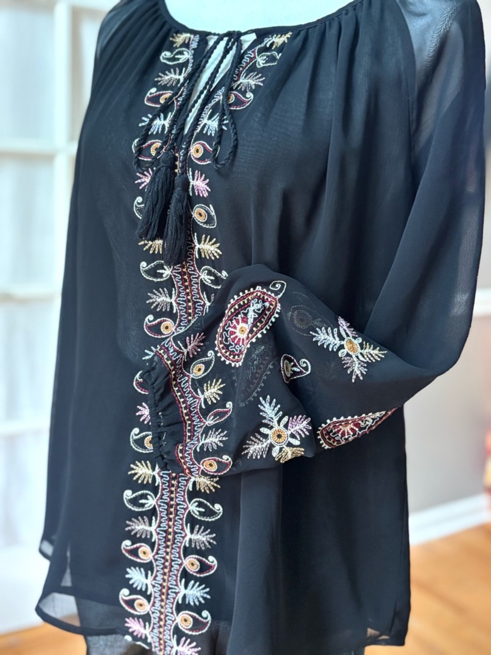 Black Sheer Embroidered Blouse Peasant Top Boho Medium